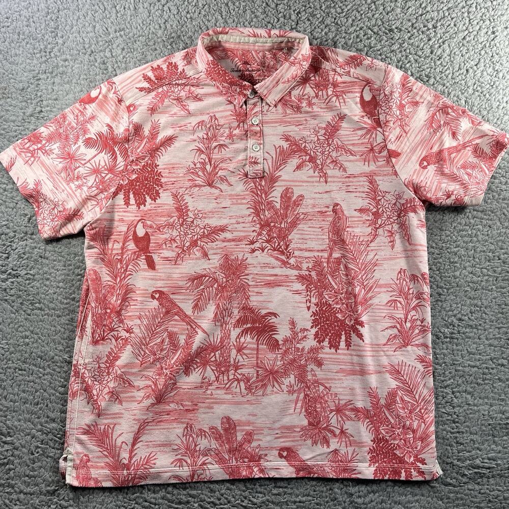 Tommy Bahama Coasta Vera Polo Shirt Mens XL Red Pink Toucan Parrot Tropical